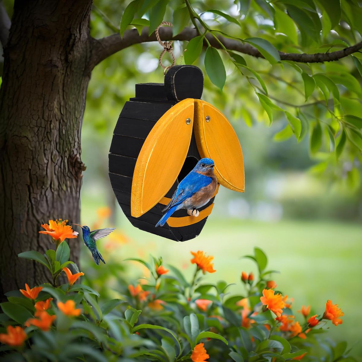 CLACKIBUKVYZ bee-shaped birdhouse garden decor in a sunny yard.