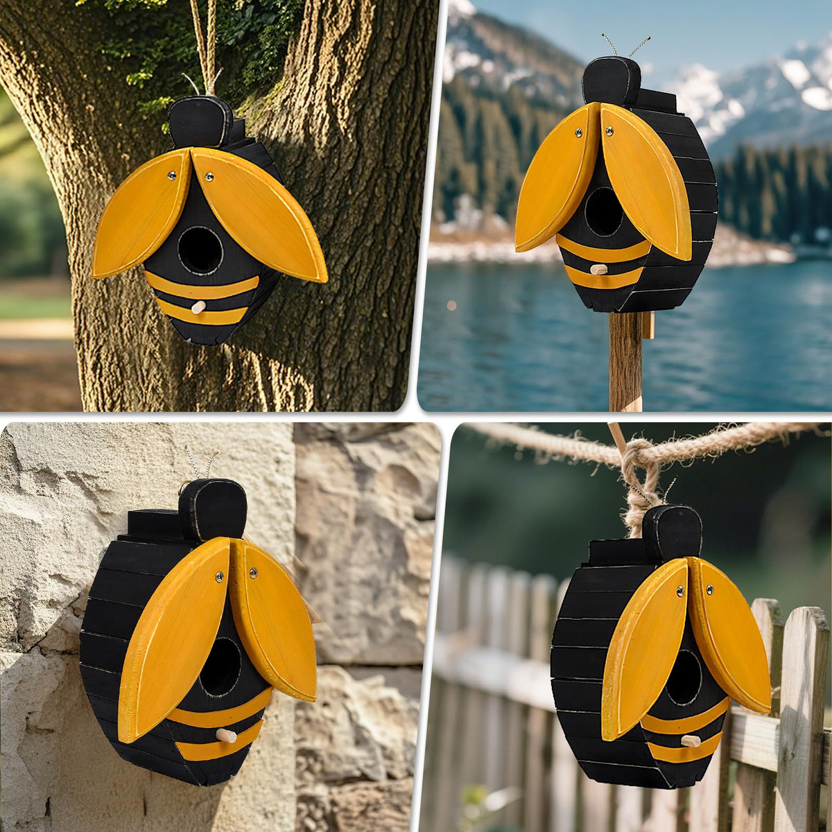 CLACKIBUKVYZ bee-shaped birdhouse top hook for quick hanging.