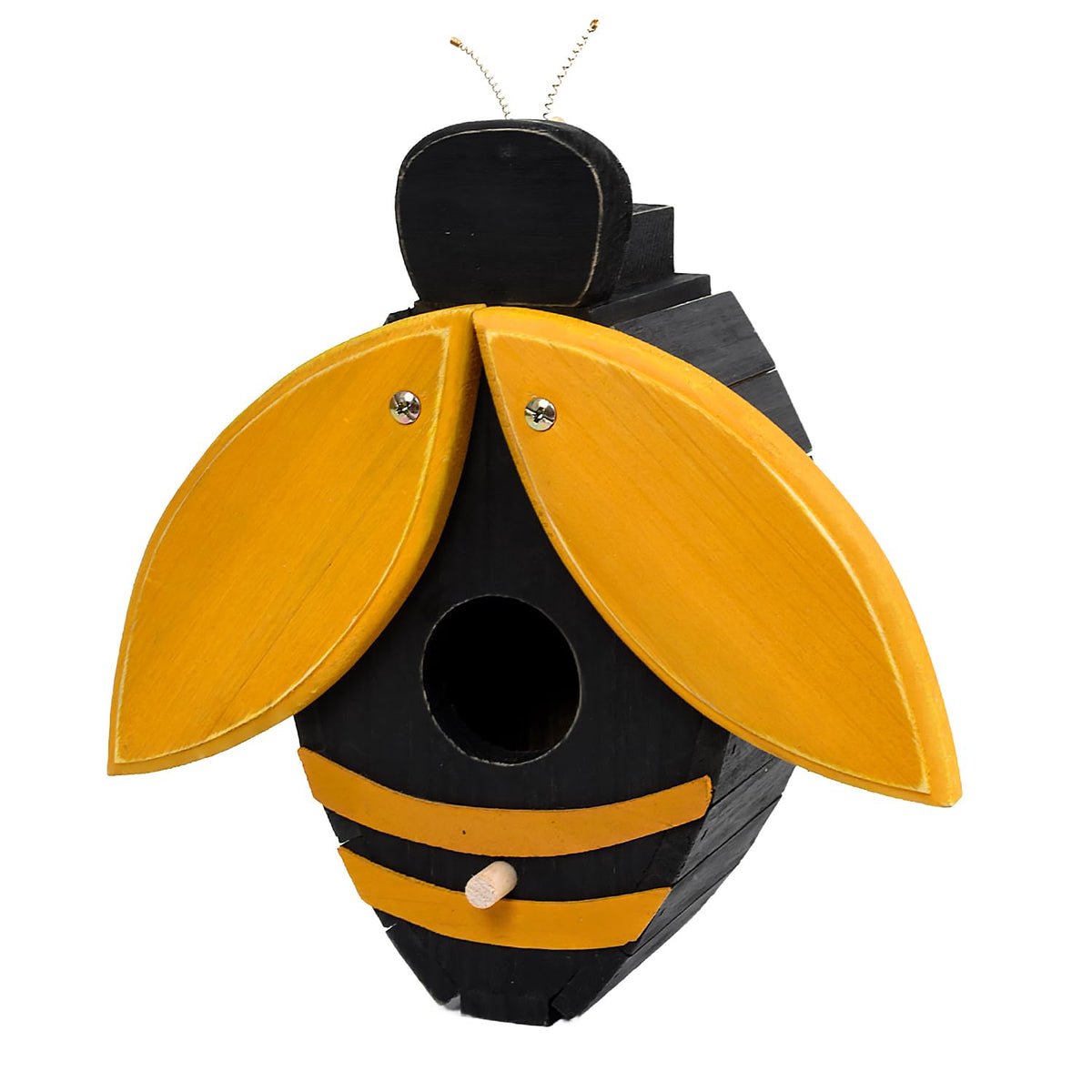 CLACKIBUKVYZ bee-shaped birdhouse weather-resistant construction endures outdoor use.
