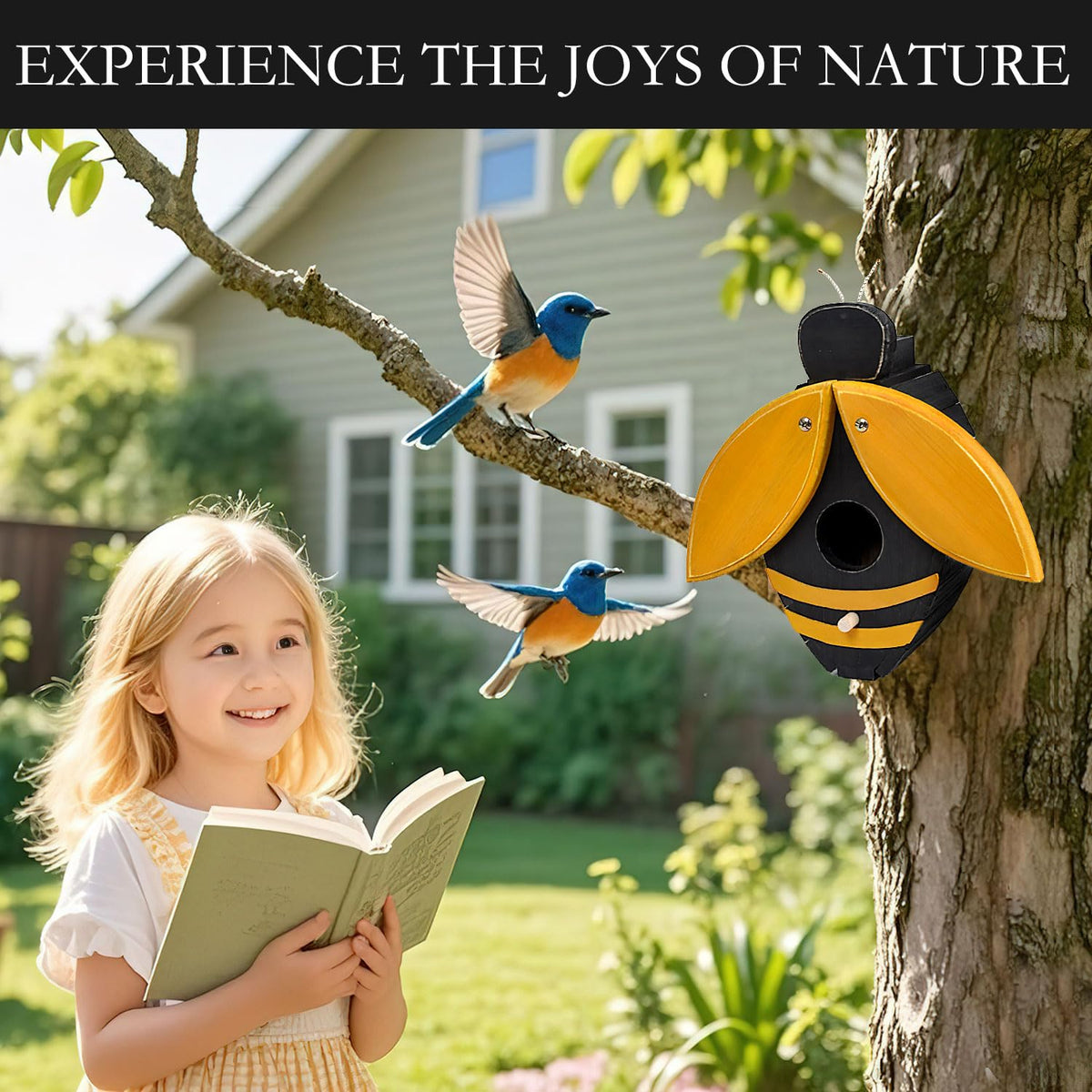 CLACKIBUKVYZ bee-shaped birdhouse rear clean door for easy maintenance.