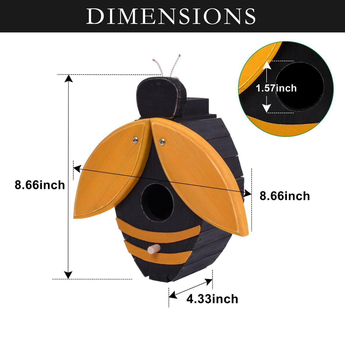 CLACKIBUKVYZ bee-shaped birdhouse wings open to reveal nesting entry.