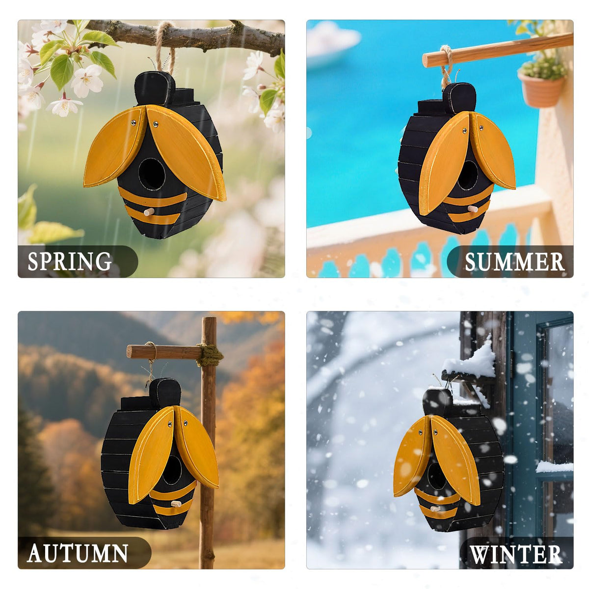 CLACKIBUKVYZ bee-shaped birdhouse natural wood texture blends with outdoors.