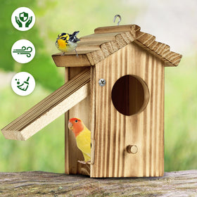 CLACKIBUKVYZ birdhouse features a perch for resting visiting birds
