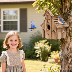 CLACKIBUKVYZ bluebird and sparrow-friendly birdhouse supports relaxed backyard birdwatching from a window.