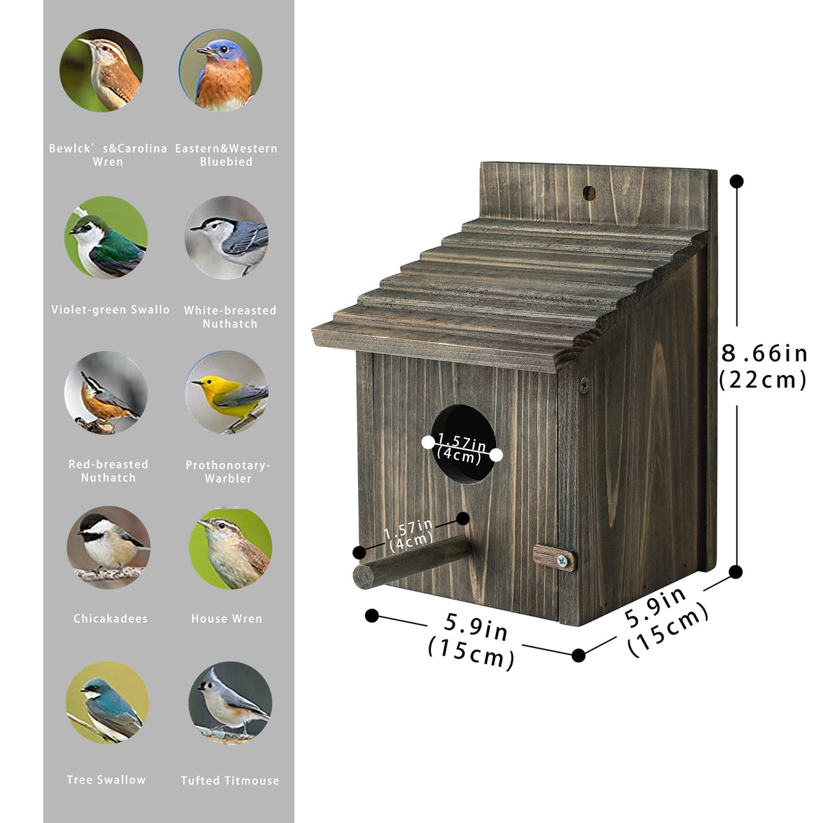 CLACKIBUKVYZ bird house entrance platform supports feeding and perching.