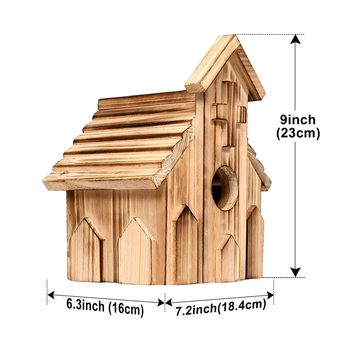 CLACKIBUKVYZ weather-resistant wooden birdhouse endures rain and sun for year-round nesting.