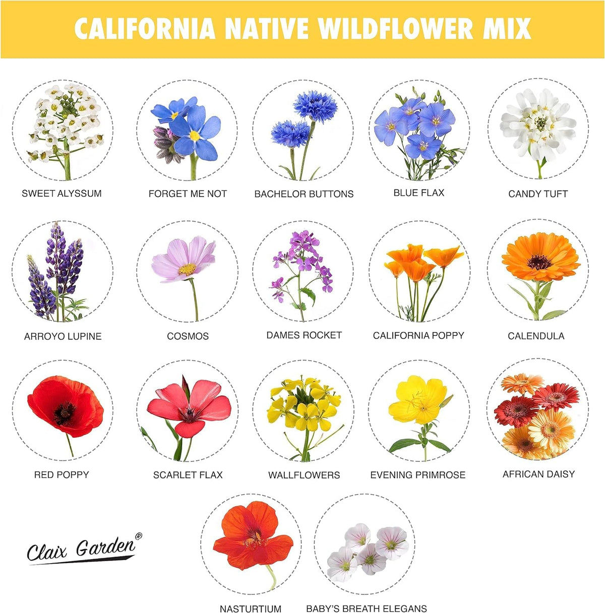 Claix Garden Wildflower Seeds resealable bag keeps seeds fresh for season-long gardening.