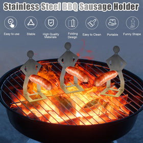 Clapery funny BBQ stand man holding dog adds humor while cooking evenly