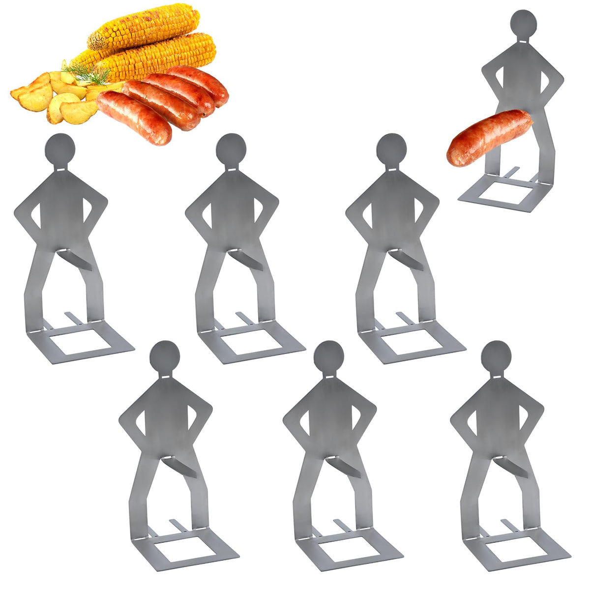 Clapery standing-man hot dog holder in silver for hands-free grilling and even cooking