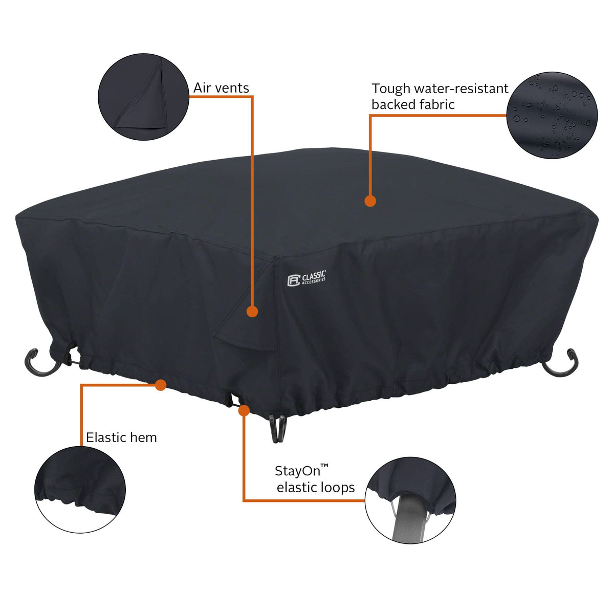 Classic Accessories fire pit cover air vents aiding ventilation