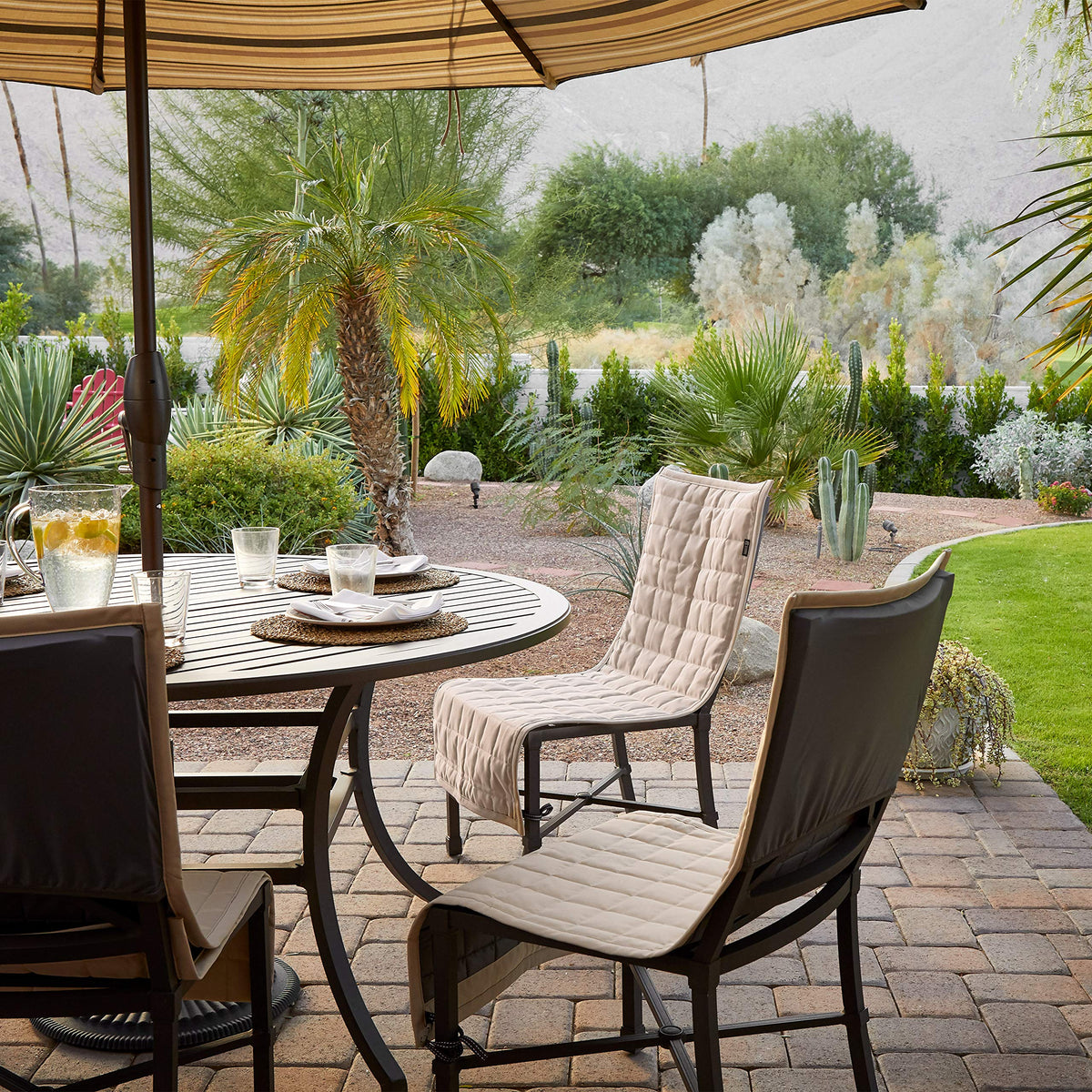 Montlake slipcover in outdoor setting offering full chair coverage
