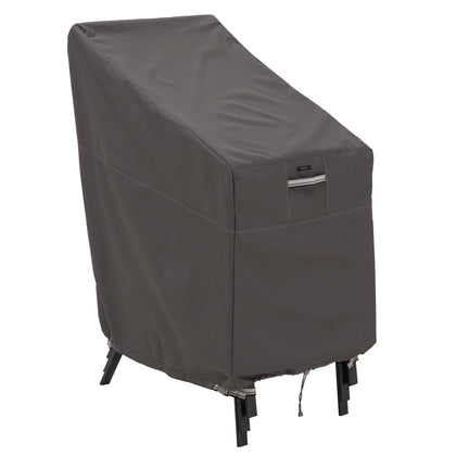 Classic Accessories Ravenna stackable chair cover protects six chairs from rain and sunlight.