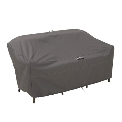 Classic Accessories Ravenna cover with windLock system shields the 76-inch loveseat from gusts.