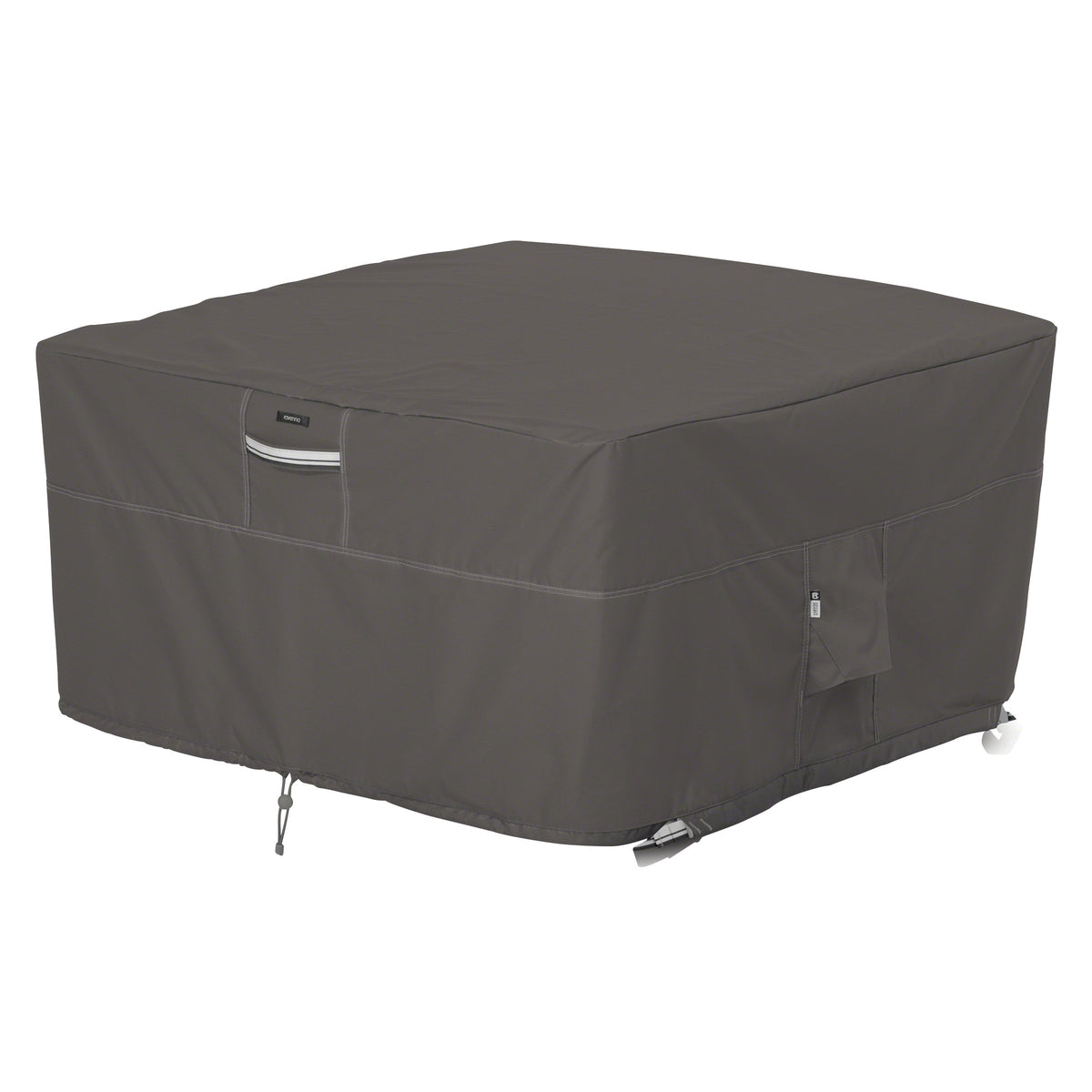 Classic Accessories Ravenna 42-inch square fire pit cover protecting a round-pated square table from rain and debris