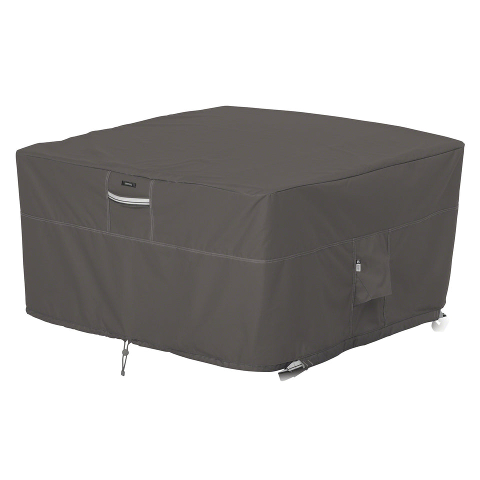 Classic Accessories Ravenna 42-inch square fire pit cover protecting a round-pated square table from rain and debris