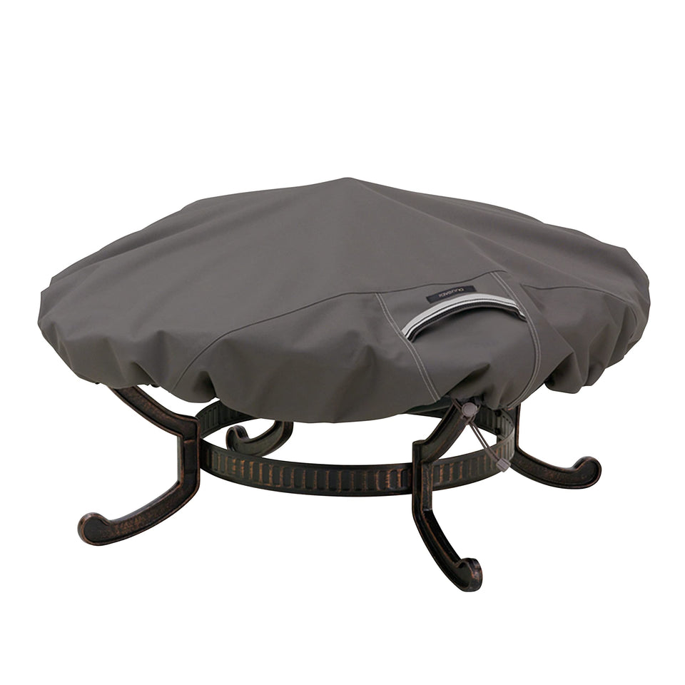 Classic Accessories Ravenna fire pit cover protects a 60-inch round pit from weather