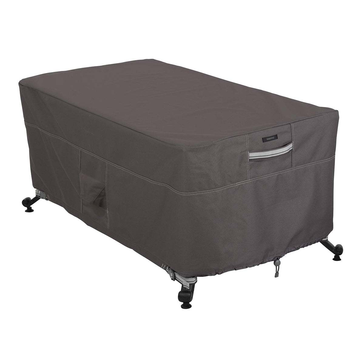 Classic Accessories Ravenna fire-pit table cover protects from rain and sun.