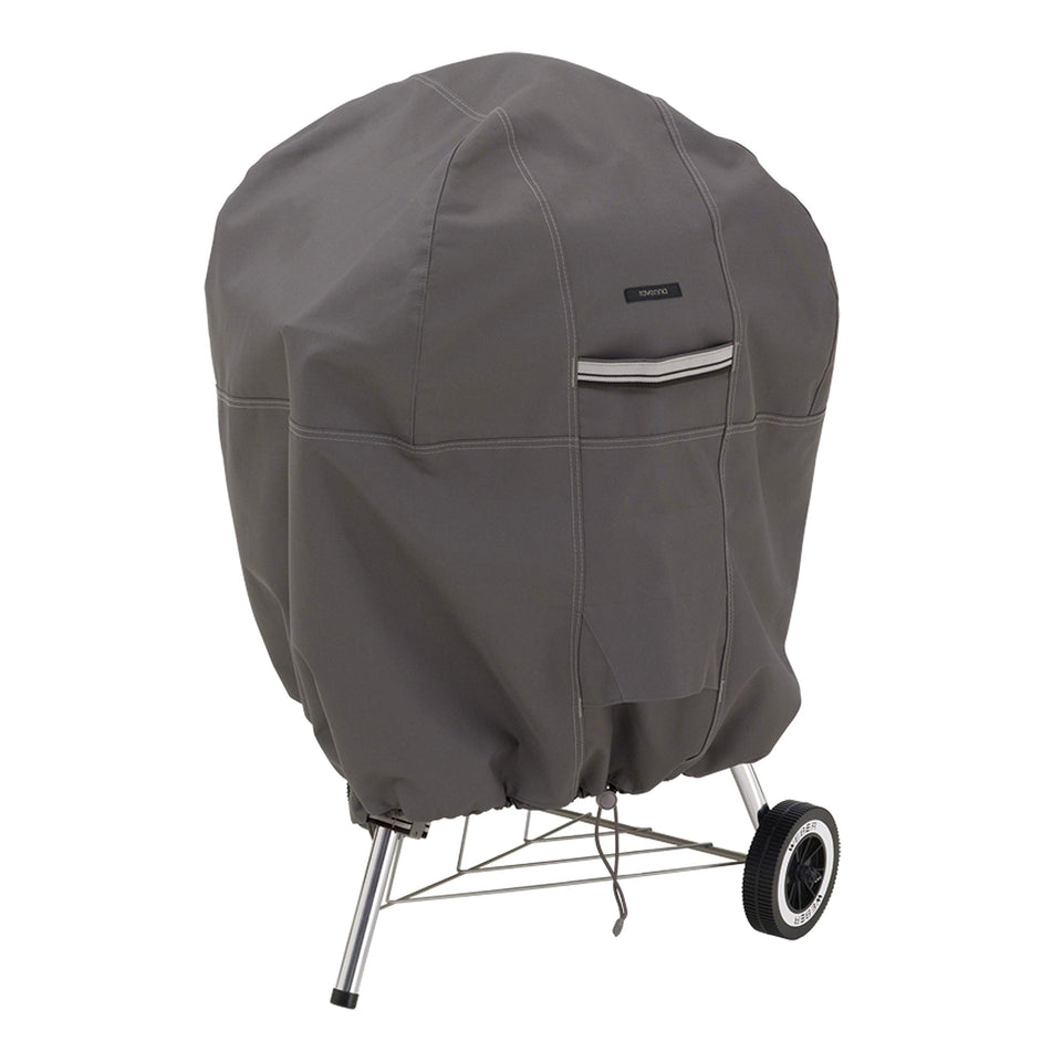 Classic Accessories Ravenna cover on a 26.5-inch kettle grill protects from weather