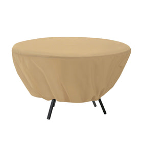 Classic Accessories Terrazzo round table cover with Stay-On loops protecting legs during windy days.