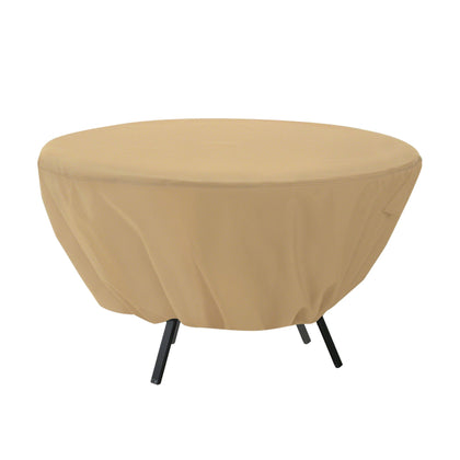 Classic Accessories Terrazzo round table cover with Stay-On loops protecting legs during windy days.