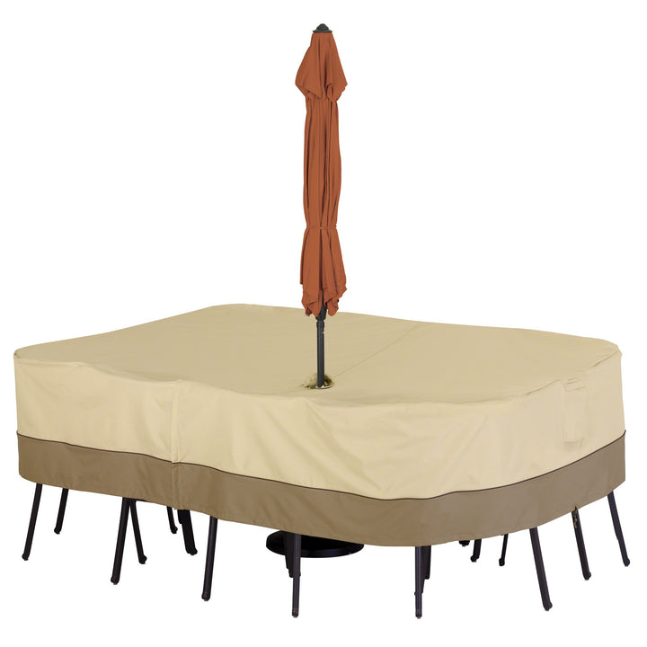 Classic Accessories Veranda 108-inch table cover with umbrella hole protecting outdoor table