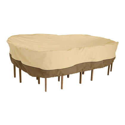 Classic Accessories Veranda cover on 108-inch table and chairs for outdoor protection