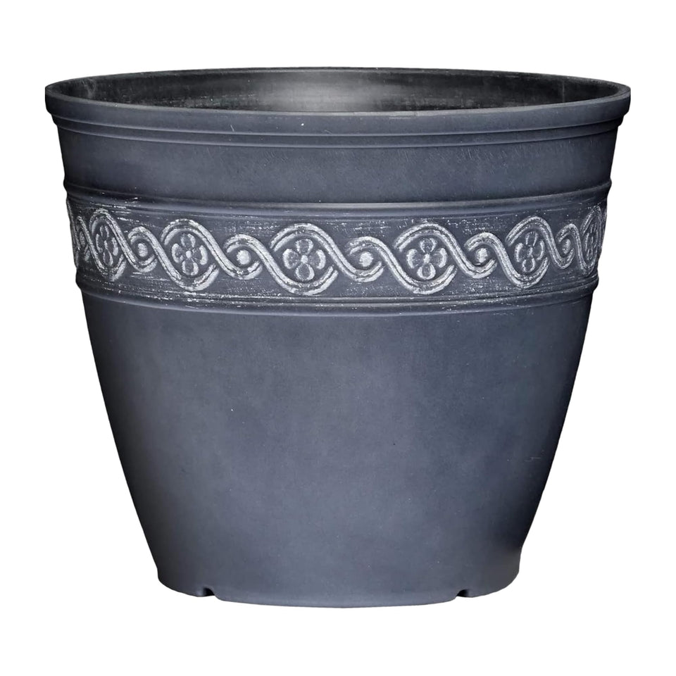 Classic Home & Garden Corinthian planter, storm gray, front view, versatile indoors or outdoors