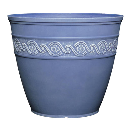 Classic Home and Garden Corinthian round planter in slate blue front view, ideal for indoor and outdoor displays