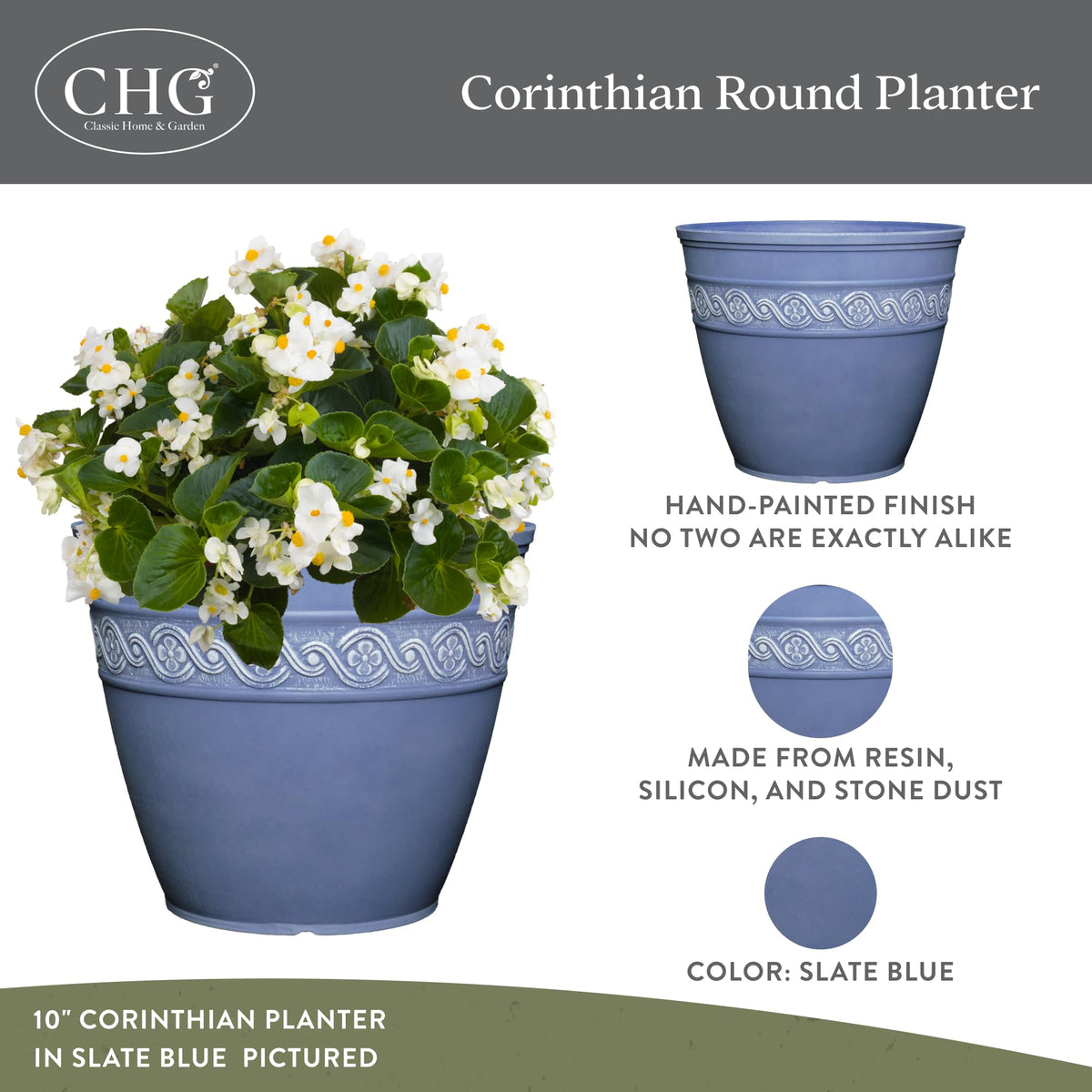 Corinthian planter slate blue side angle shows elegant silhouette for patios