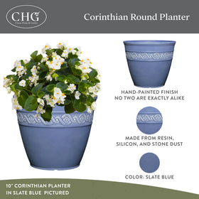 Corinthian planter slate blue side angle shows elegant silhouette for patios
