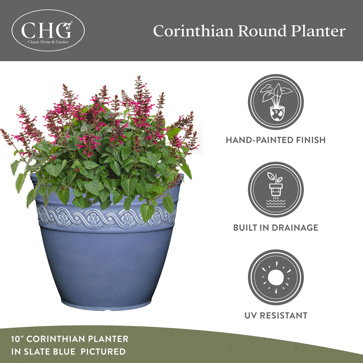 Slate blue Corinthian planter surface texture highlights premium materials