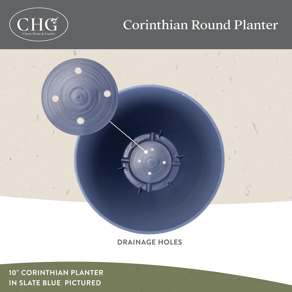 Top-down view of Corinthian round planter in slate blue with plant arrangement