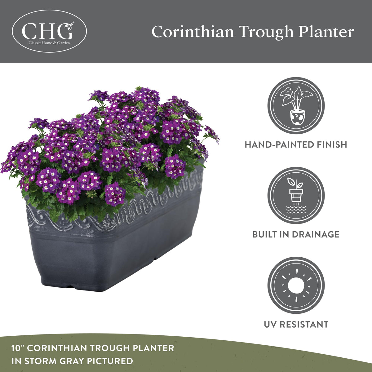 Close-up of the Corinthian trough planter’s drain plug enabling smart drainage control.
