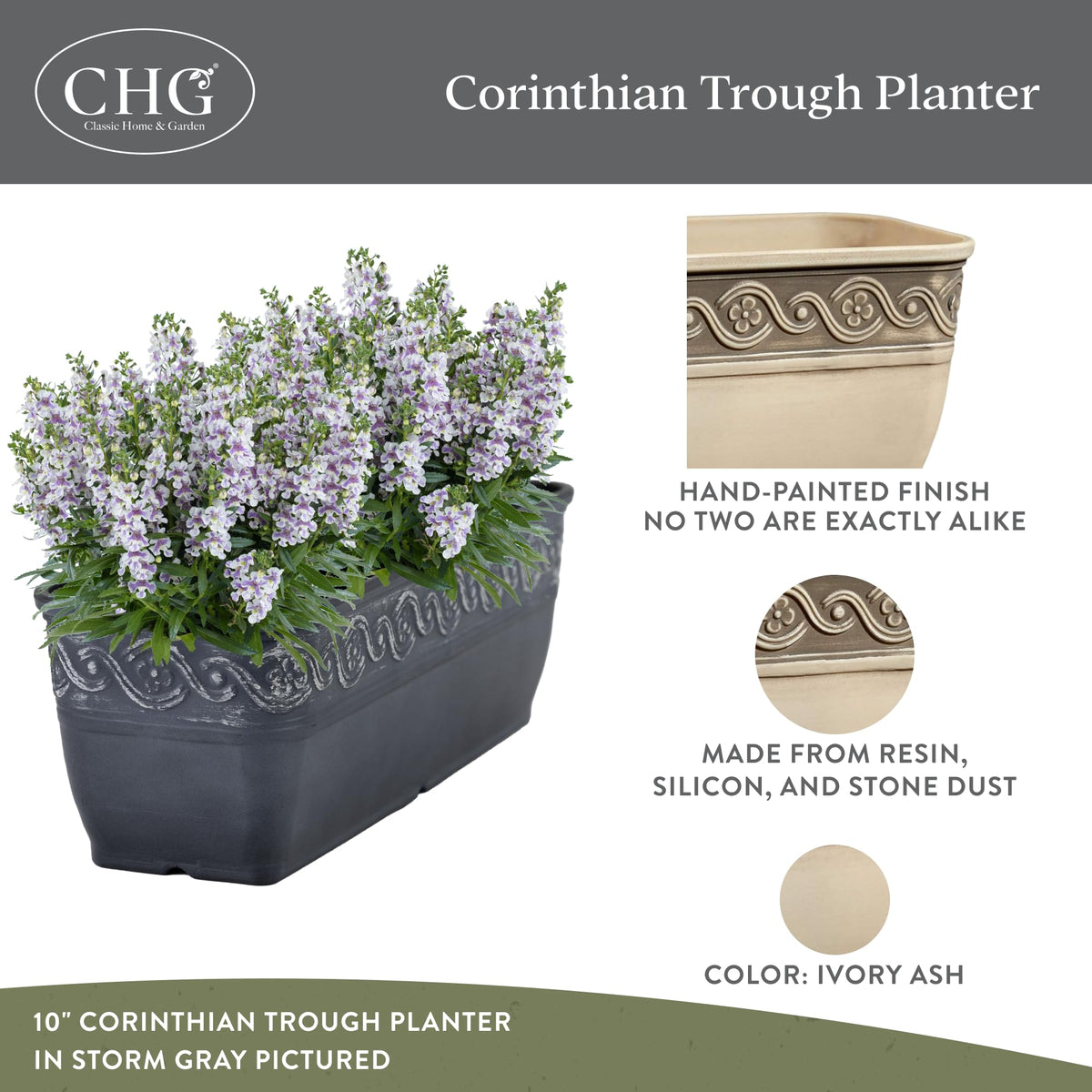 Classic Home & Garden Corinthian trough planter side view shows slender profile for tight spaces.