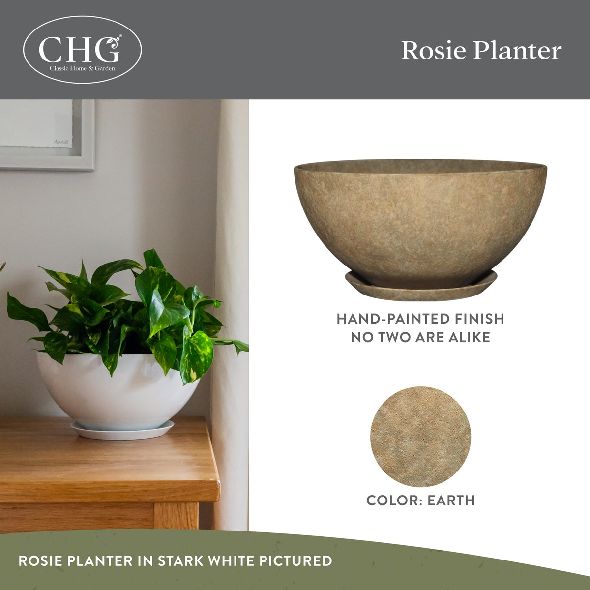 Rosie planter saucer emphasizes mess-free watering for indoor setups