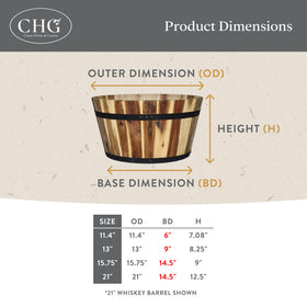 Classic Home & Garden 12.5-inch height whiskey barrel planter fits various spaces.