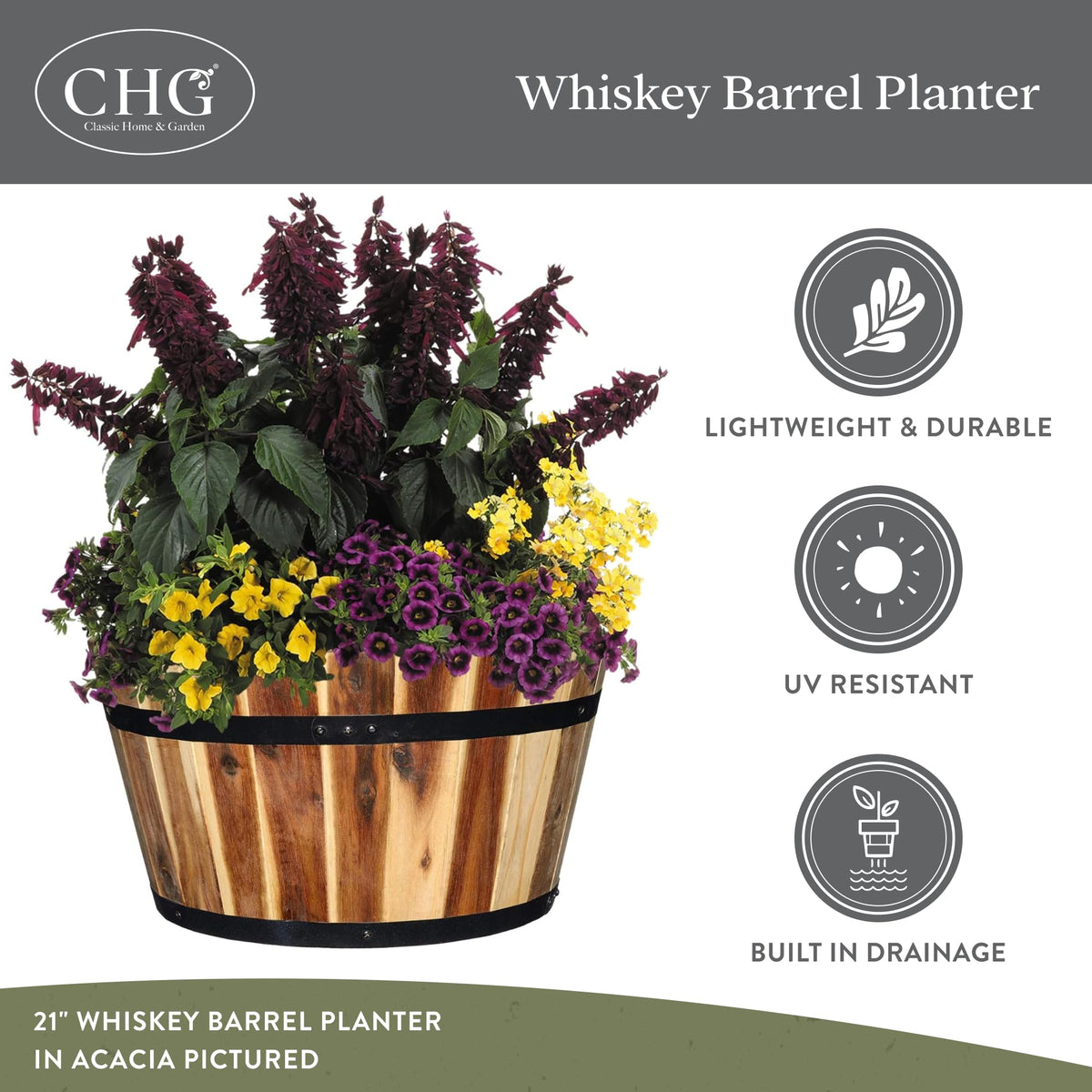 Classic Home & Garden 21-inch diameter whiskey barrel planter ready for outdoor use.