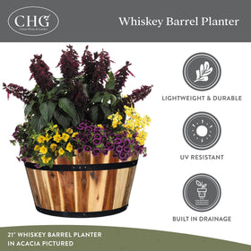 Classic Home & Garden 21-inch diameter whiskey barrel planter ready for outdoor use.