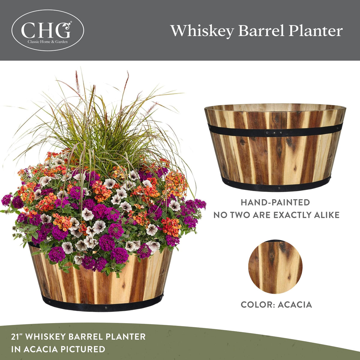 Classic Home & Garden acacia wood barrel planter reveals natural grain and aging tone.