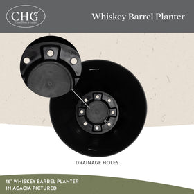 Classic Home & Garden acacia barrel planter shows warm golden-brown aging.
