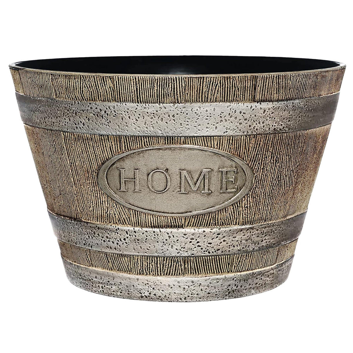 Classic Home and Garden whiskey barrel planter, front view, showcasing durable resin for outdoor use.