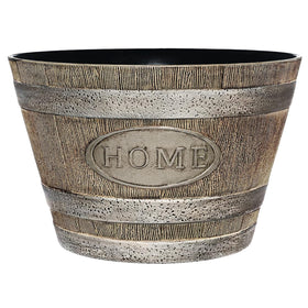 Classic Home and Garden whiskey barrel planter, front view, showcasing durable resin for outdoor use.