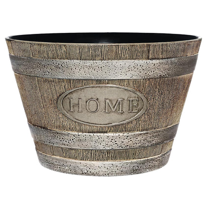Classic Home and Garden whiskey barrel planter, front view, showcasing durable resin for outdoor use.