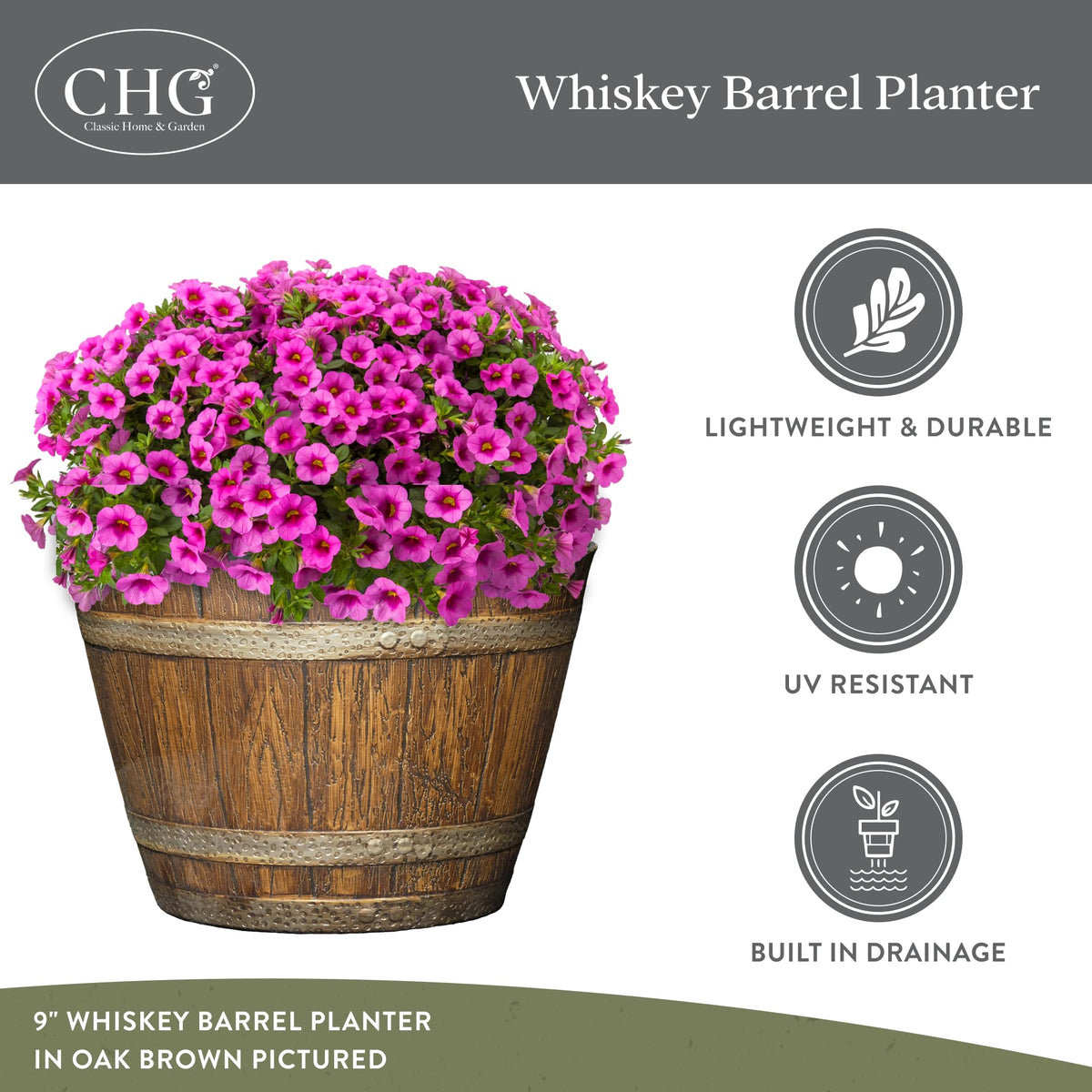 Classic Home and Garden whiskey barrel planter indoor setup with greenery demonstrates versatile use.