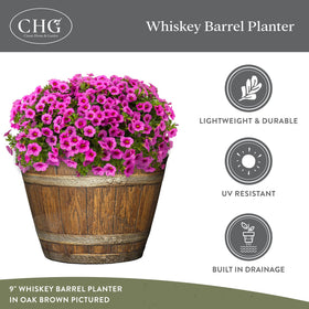 Classic Home and Garden whiskey barrel planter indoor setup with greenery demonstrates versatile use.