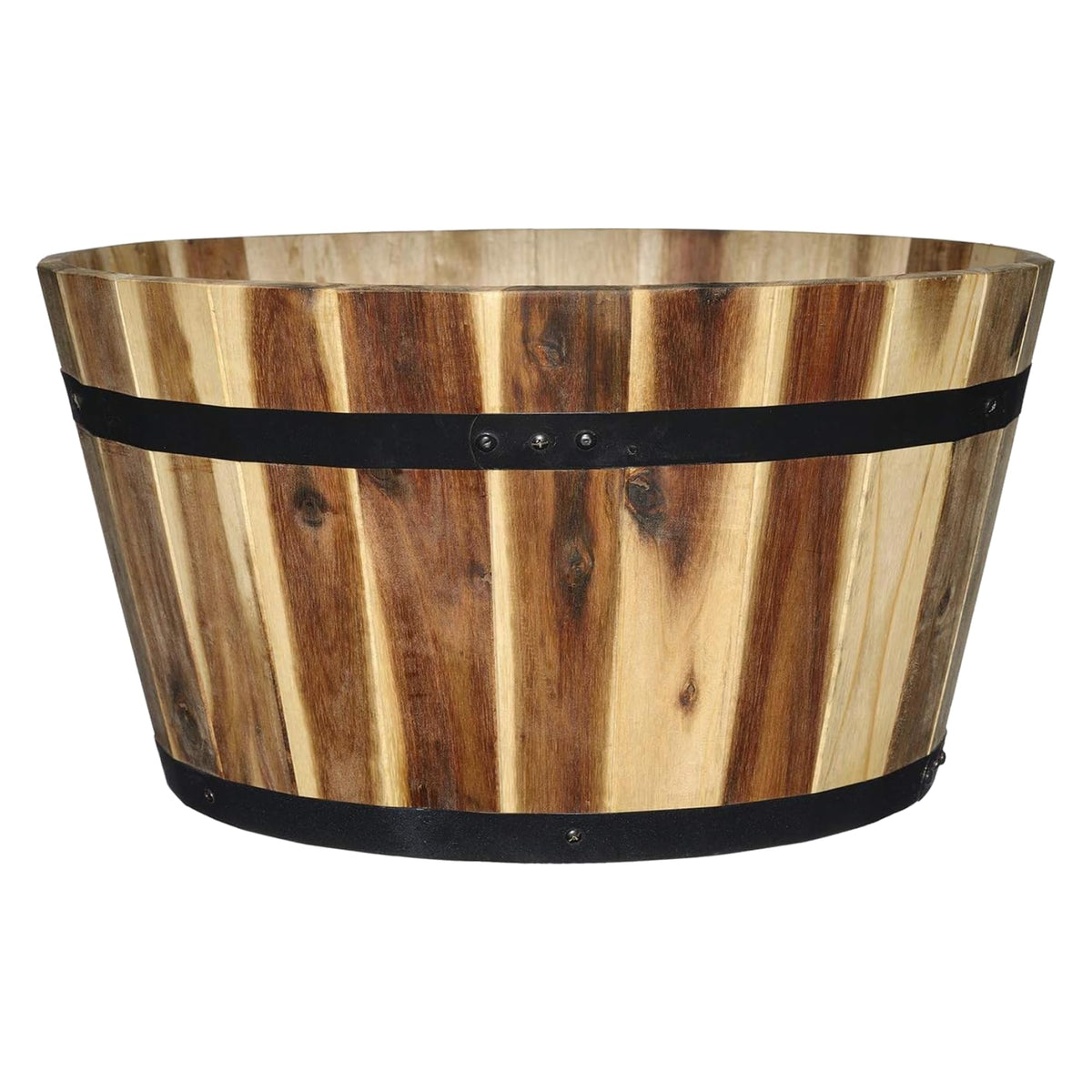 Classic Home & Garden whiskey barrel planter with metal bands for sturdy garden display.