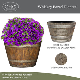 Classic Home and Garden whiskey barrel planter, oak brown finish detail, displays premium look.