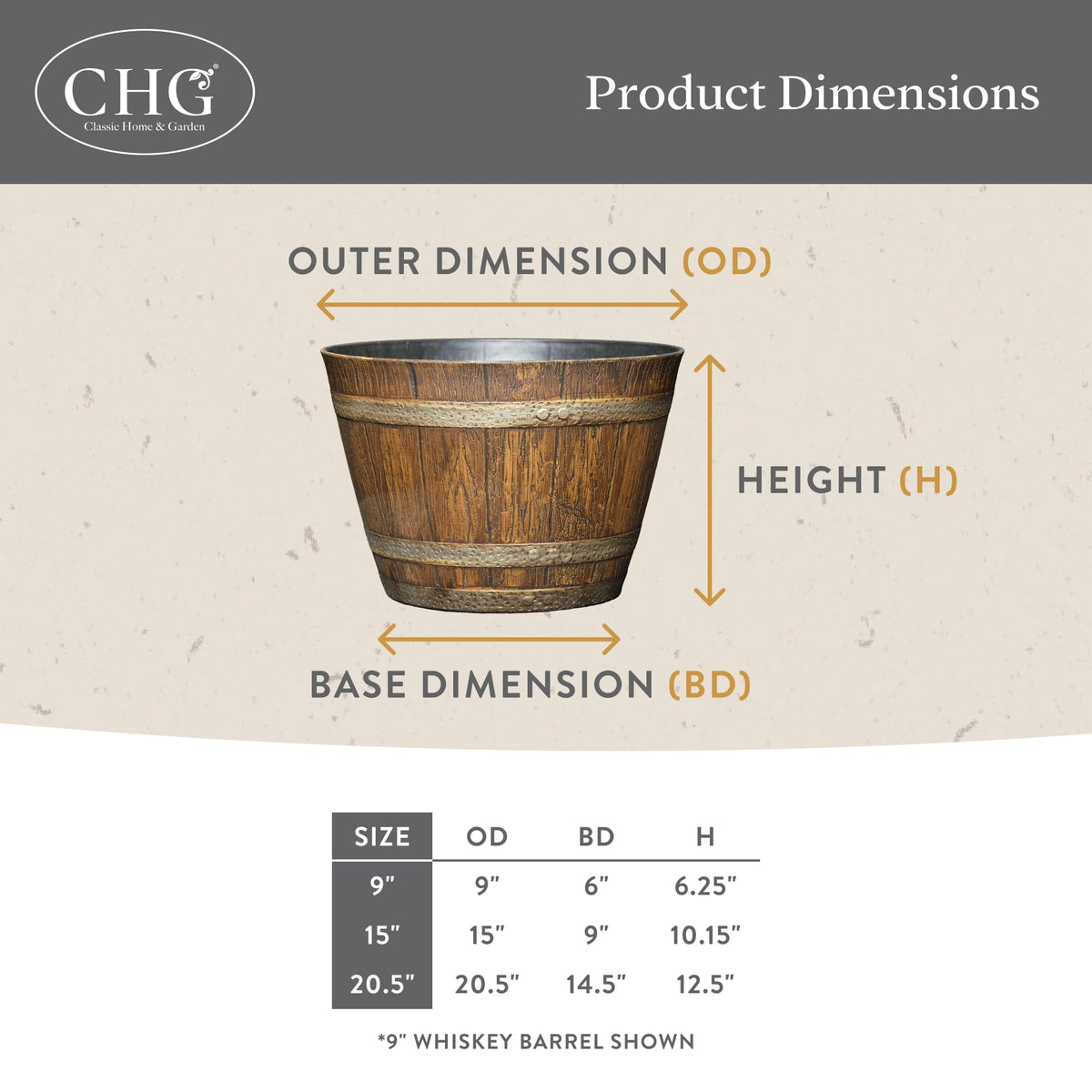 Classic Home and Garden whiskey barrel planter outdoor porch scene emphasizes easy placement.