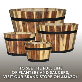 Classic Home & Garden whiskey barrel planter enhances patio décor with rustic charm.