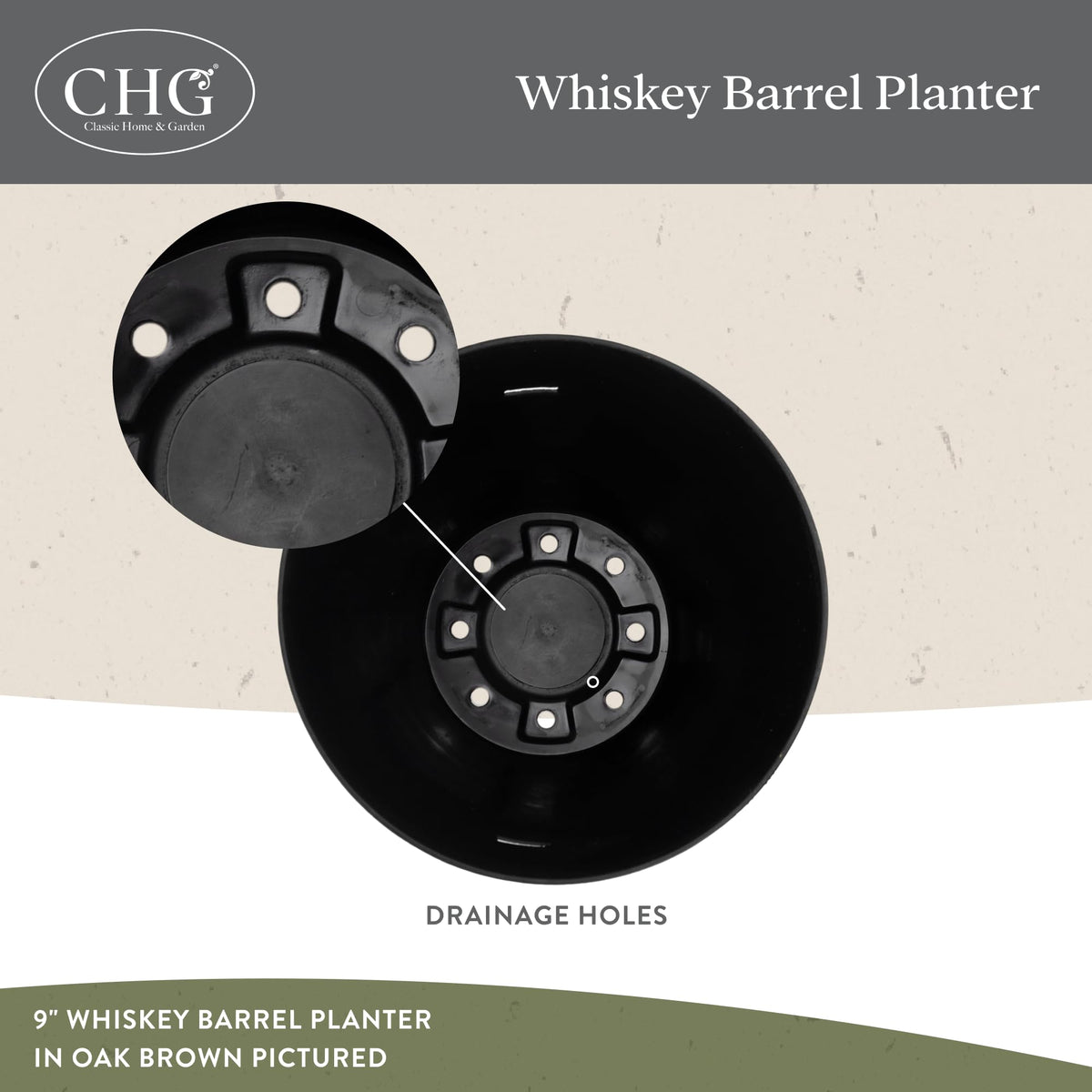 Classic Home and Garden whiskey barrel planter weather resistance close-up highlights waterproof design.